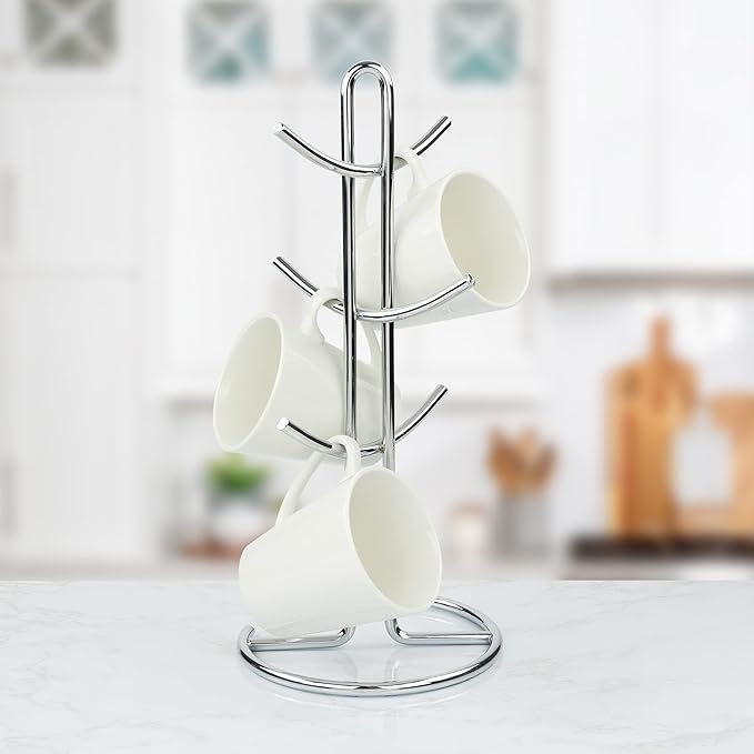 4 Spectrum 6-Holder Mug Tree, Steel Countertop Storage Rack, Chrome Finish