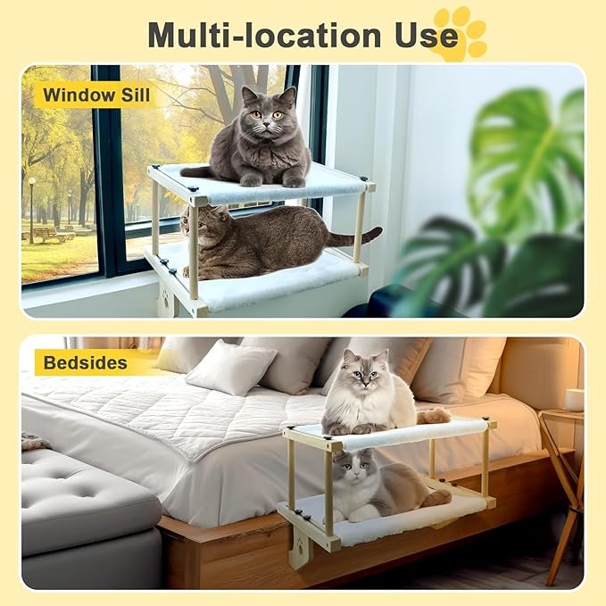 4 Cat Window Perch Cat Window Hammock Double Layers with Wood & Metal Frame for Multiple Cats, Easy to Adjust Cat Bed for Windowsill, Bedside, Drawer and Cabinet