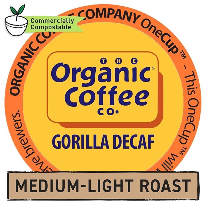 1 The Organic Coffee Co. Compostable Coffee Pods - Gorilla Decaf (36 Ct) K Cup Compatible including Keurig 2.0, Medium Roast, Swiss Water Processed, USDA Organic