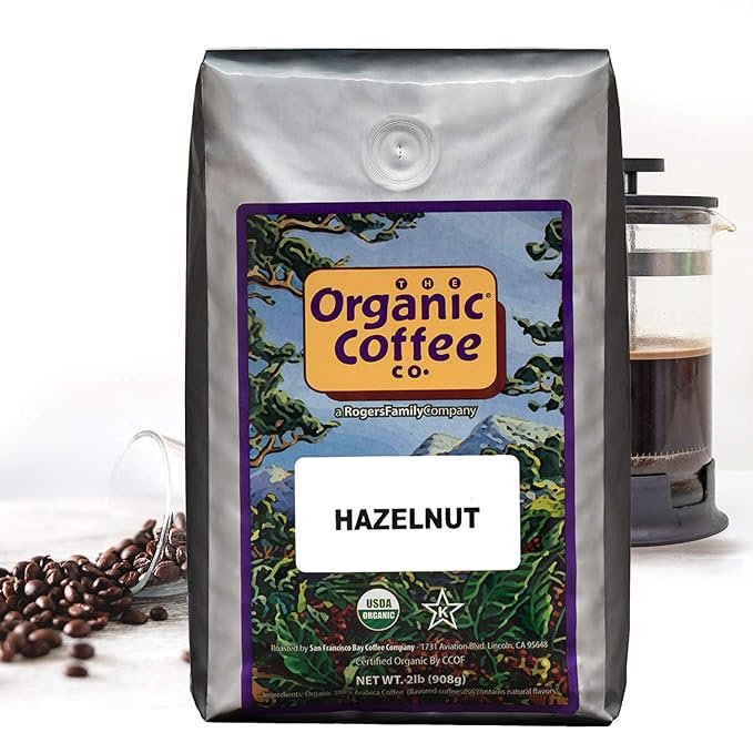2 The Organic Coffee Co. Whole Bean Coffee - Hazelnut Crème (2lb Bag), Flavored, Medium Roast, USDA Organic