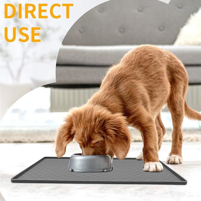 1 Ptlom Pet Placemat for Dog and Cat, Mat for Prevent Food and Water Overflow, Suitable for Small, Medium and Big Pet, 18" 12", Grey, Silicone