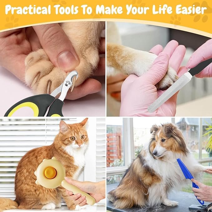 4 Cat Brush with Release Button - Cat Brush for Shedding Cat Brushes for Indoor Cats Self Cleaning Cat Brush for Long Haired Cats Pet Hair Brush Dog Cat Grooming Brush with Cat Comb Nail Clippers File