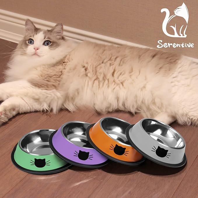 5 Serentive 2Pcs Cat Bowls Non-Slip Stainless Steel Small Cat Food Bowls Unbreakable Thicken Cat Feeder 7 Oz Cat Dishes Suitable for Indoor Small Pets Removable Rubber Base Easily Clean Lovely Color