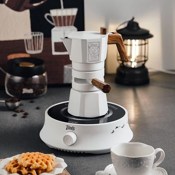 4 Bincoo 120ML/2 Cups Stovetop Espresso Maker - Double Valve Moka Pot with Thermostat Extractor, Prevents over-extraction - Italian Espresso Moka Pot with Powder Dispenser and Filter Paper for Home (White)