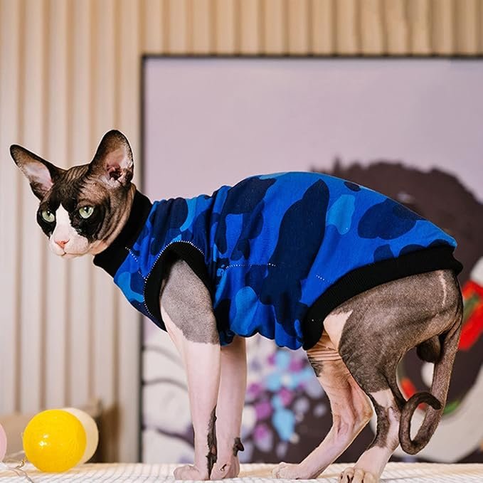 3 Sphynx Hairless Cat Summer Cotton T-Shirts Cat Vest Pet Clothes,Round Collar Vest Kitten Shirts Sleeveless, Cats & Small Dogs Apparel (Medium, Blue Camo)