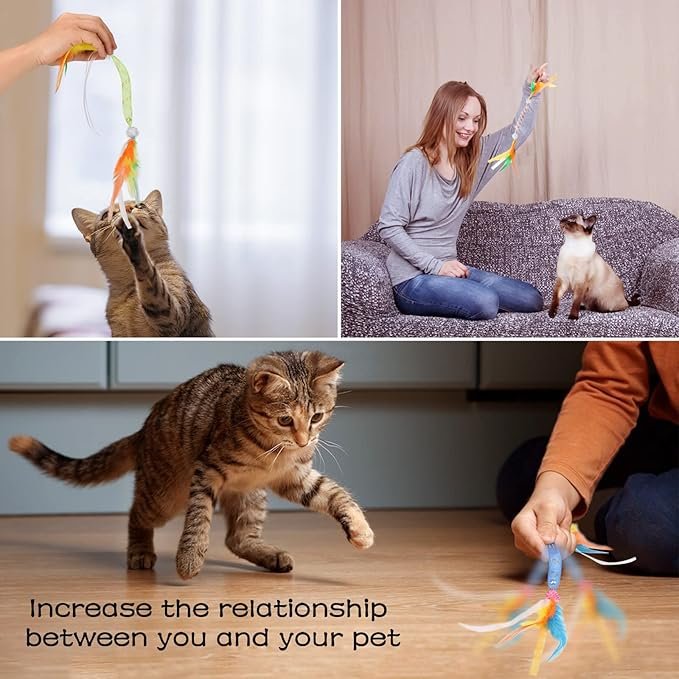 3 Cat Feather Toys with Bell 4Pack, Colorful Cat Teaser Cat Springs Ribbon Toys,Interactive Cat Toys for Indoor Cats Kitten, Suitable for Cats Bite & Hunt