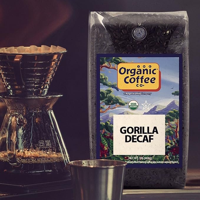 4 The Organic Coffee Co. Whole Bean Coffee - Gorilla Decaf (2lb Bag), Medium Roast, Swiss Water Processed, USDA Organic