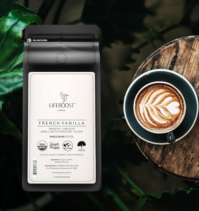 1 Lifeboost Coffee Whole Bean French Vanilla Coffee - Low Acid Single Origin Non-GMO Organic Coffee - Third Party Tested For Mycotoxins & Pesticides - 12 Ounces
