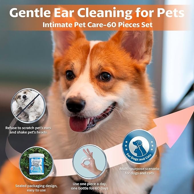 4 OBSEDE Ear Cleaner Finger Wipes, Grooming Kit Care for Dogs and Cats Regular Soothing Odor Control Reduce Dirt Wax Build Up Pet Supplies Easy to Use Fresh Coconut Scent, 60 Count