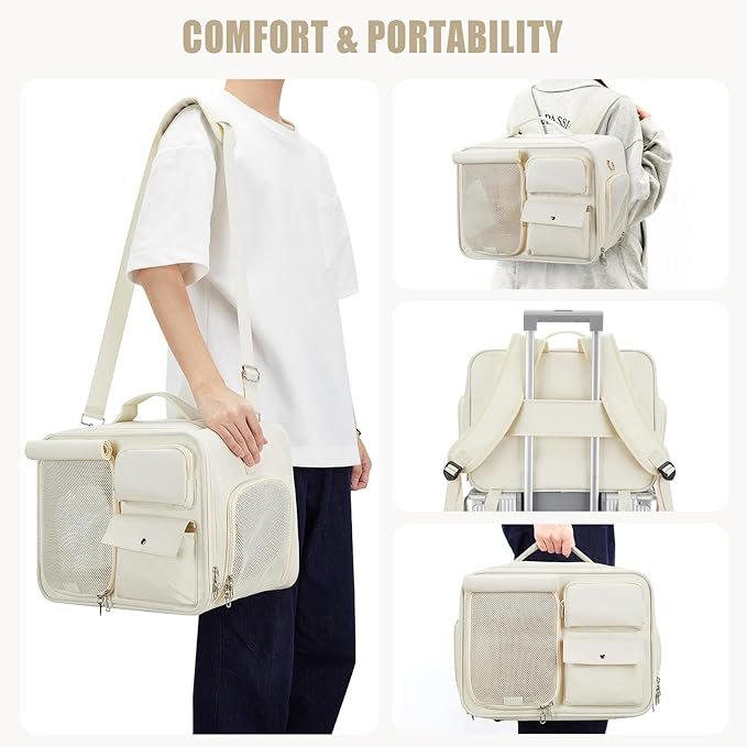 4 Soft Pet Cat Carrier for Cats 20 LBs,Small Dong Carrier,Airline Approved Pet Carrier,Cat Backpack Carrier with Safety Lock Zipper,Collapsible,with 3 Ventilated Windows(Beige)