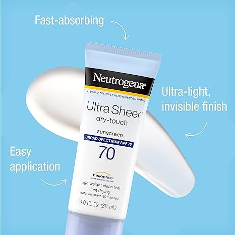 1 Neutrogena Ultra Sheer Dry-Touch Water Resistant and Non-Greasy Sunscreen Lotion with Broad Spectrum SPF 70, 3 Fl Oz (Pack of 1)