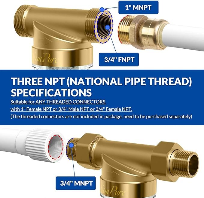 1 SimPure Reusable Sediment Filter System, Enhanced Pre-Filtration for City/Well Water, 1 MNPT + 3/4 FNPT + 3/4 MNPT, BPA Free