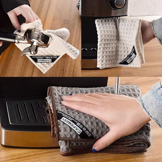 4 CAFEMASY Pack of 3 Barista Microfiber Cleaning Towels with Hook - Absorbent Cloths for Coffee Bar.