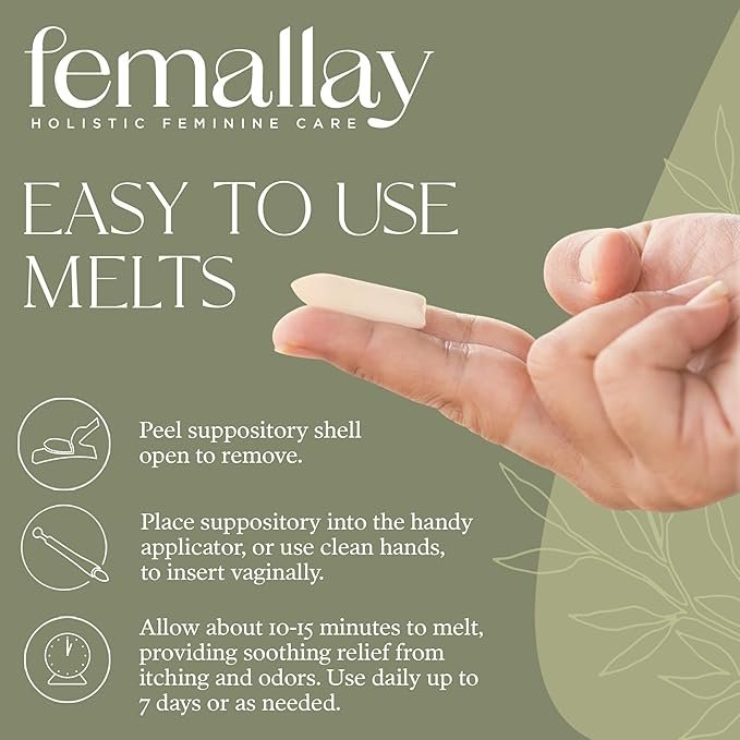 2 Femallay Organic Tea Tree & Oil Vaginal Cleansing Suppositories for Hygiene, 100% Natural Melts for Feminine Care, Great for Dryness and More, 7 Individually-Sealed Melts + 1 Applicator