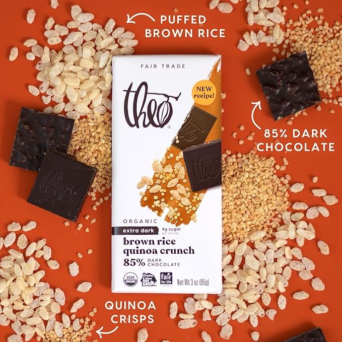 3 Theo Chocolate Brown Rice Quinoa Crunch Organic Dark Chocolate Bar, 85% Cacao, 6 Pack | Vegan, Fair Trade