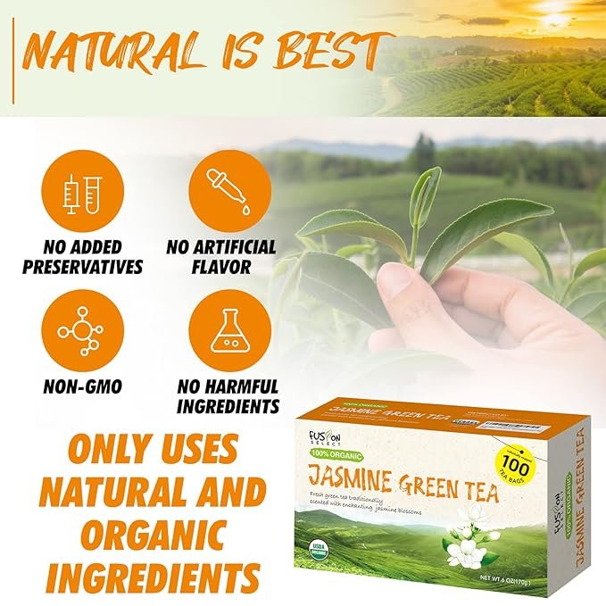 1 Fusion Organic Jasmine Green Tea - Fresh & Relaxing 100 Jasmine Tea Bags Blend Traditionally Scented with Jasmine Blossoms, Refreshing Floral Fragrance - Green Tea Jasmine Bags, 6oz(170g)