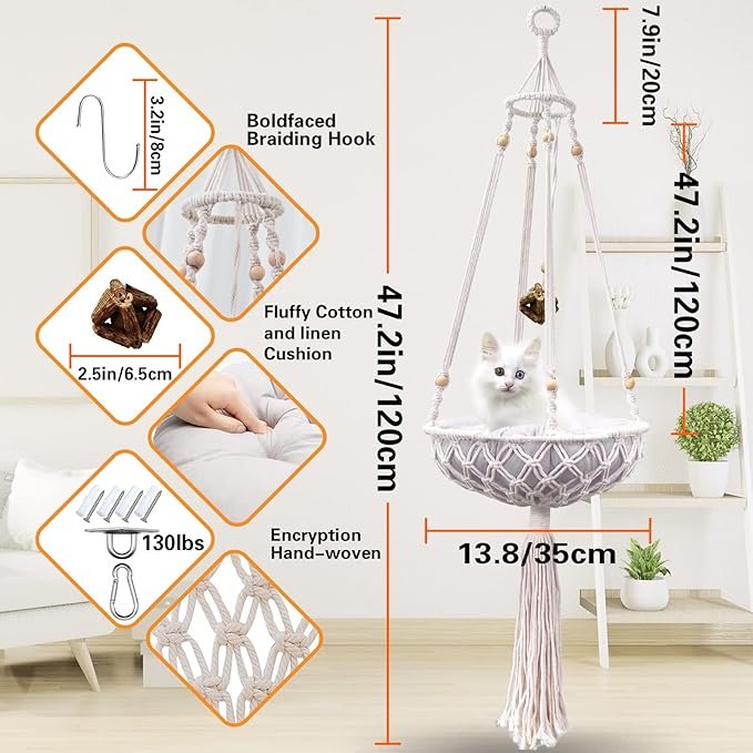 1 VAESCOL Macrame Hammock, Handwoven Boho Cat Swing with Hanging Kit for Indoor Outdoor Home Decor Hang on Wall Bed for Sleeping, Playing, Climbing and Lounging