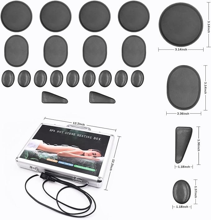 1 Hot Stone Massage Set, 4 Sizes Basalt Hot Stones Set Hot Rocks Massage Stones Kit with Heater Box for Professional or Home spa, Relaxing, Healing, Pain Relief (18pcs)