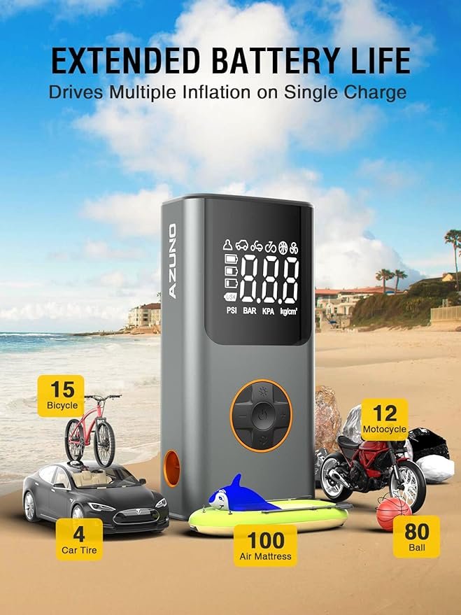2 AZUNO 2-in-1 Electric Inflator, Portable Air Mattress Pump, Battery USB Rechargeable-150 PSI Rapid Inflate & Cordless for Tires, Air Mattresses, Beds, Pool Toys, Swim Rings, and Floats.
