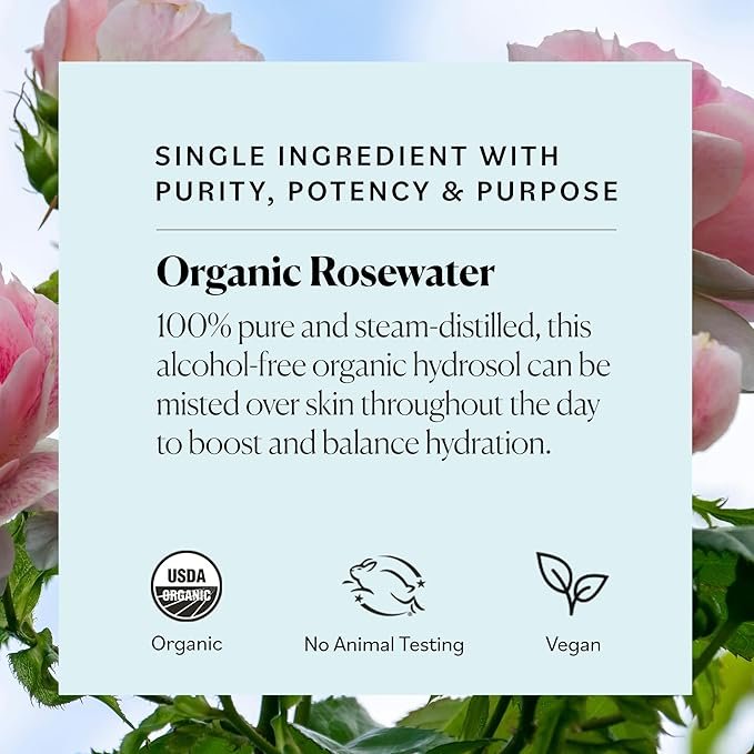 7 Sky Organics Organic Rosewater Facial Mist for Face, 100% Pure & Steam-Distilled USDA Certified to Hydrate, Balance & Refresh, 4 fl. Oz