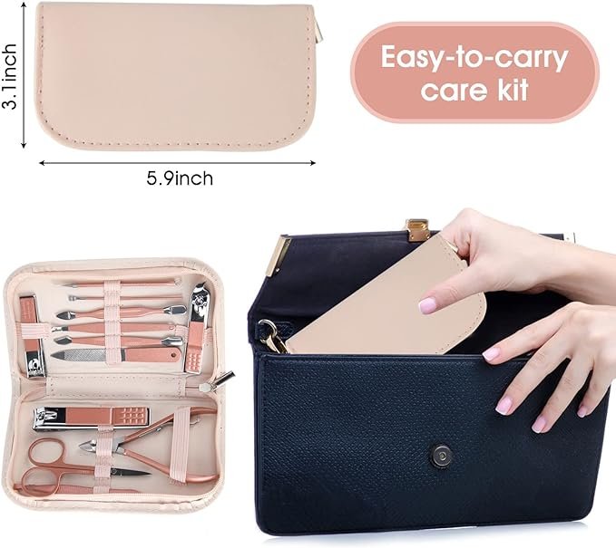 4 Portable Rose Gold Nail Clippers and Beauty Tool Set with Pink Leather Bag - 12 in 1 Manicure Set, Made of Martensitic Stainless Steel. Ideal for Home, Workplace, Outdoor Travel and Beauty Salon Gift