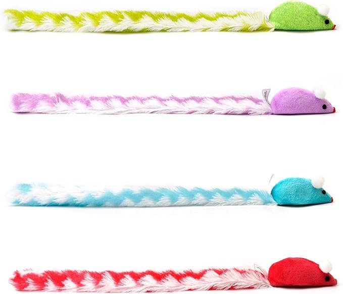 1 CHIWAVA 4 Packs 15 Inch Long Soft Plush Cat Toys Mice with Rattle Rustle Sound Small Mouse Activity Interactive Toy