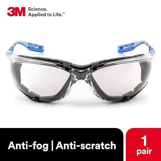 1 3M Protective Eyewear, Virtua CCS, ANSI Z87 Certified, Fog Resistant, Mirror Lens for Indoor/Outdoor Use, Blue Frame, Integrated Ear Plug Holder, Detachable Foam Gasket