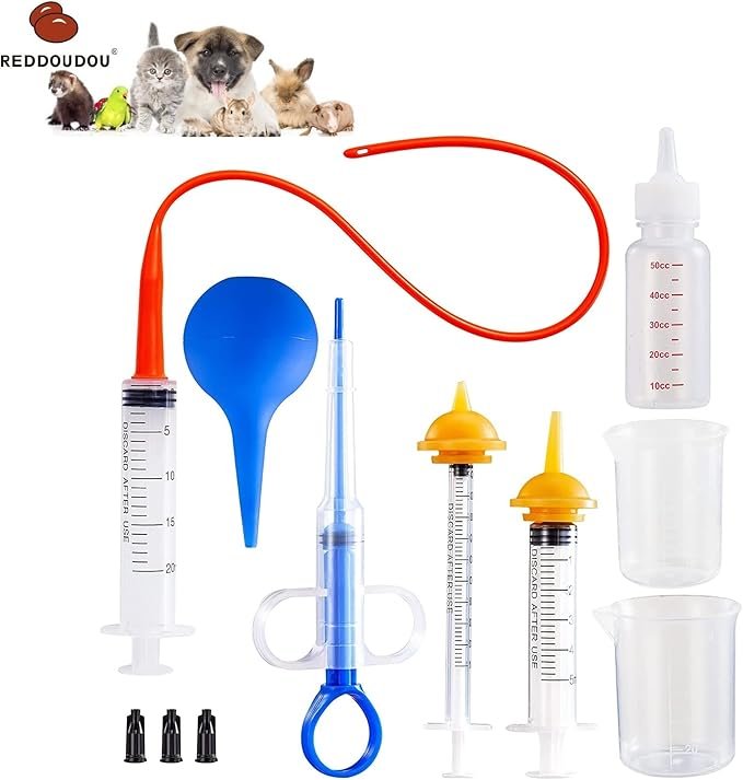 4 Pet Nursing Kit, Dog Cat Feeding Syringe Nipple Bottles, Pet Pill Gun Dispenser, Puppy Kitten Tube Feeding Kit 10Fr Size