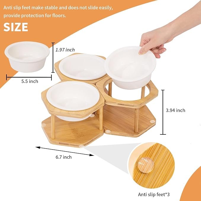 1 Lusifaco Set of 3 Single Elevated Cat Bowls, Ceramic Raised Cat Food Water Bowl with Bamboo Stand, Porcelain Pet Dishes Stand Feeder with Anti Slip Feet for Cats and Small Dogs, 13 oz(Ceramic)