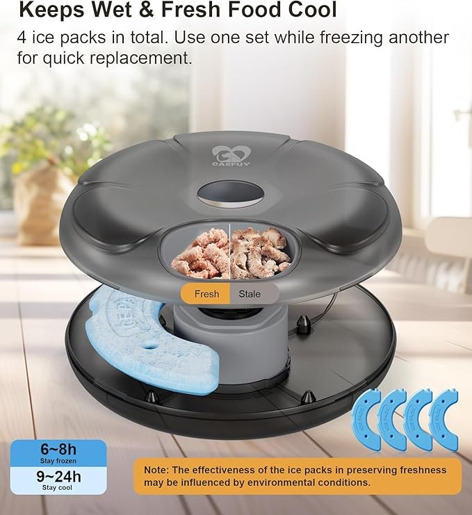 2 Casfuy Automatic Cat Feeder Cordless - Automatic Cat Food Dispenser for Wet Moist Food with 4 Ice Packs Rechargeable Auto Feeder for Cats Small Dogs with Programmable Timer Low Battery Indicator