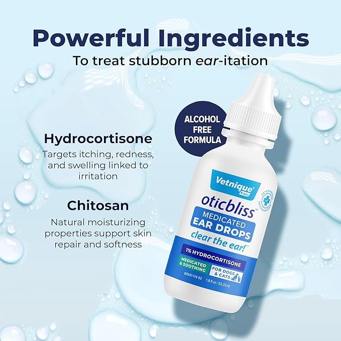 1 Vetnique Oticbliss Medicated Cat & Dog Ear Cleaner Drops - Dog Ear Infection Treatment with 1% Hydrocortisone to Soothe Itching, Redness, & Swelling - Vet Recommended