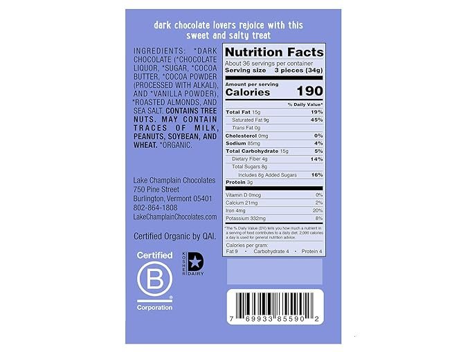 1 LAKE CHAMPLAIN CHOCOLATES Organic Almond and Sea Salt Dark Chocolate Square, 0.4 OZ