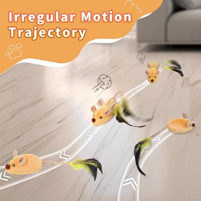 2 Interactive Cat Toy Mouse with LED Lights, Moving Automatic Chirping Mouse Toy Squeaky with Feather Tail, for All Breeds Cat Indoor/Outdoor Boredom Exercise, USB Rechargeable (Yellow)