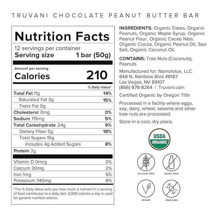 4 Truvani Plant Based Snack Bars | 7g Protein | 12 Pack Chocolate Peanut Butter | Organic | Vegan | The Only Bar | Dairy, Soy, and Gluten Free | Individually Wrapped