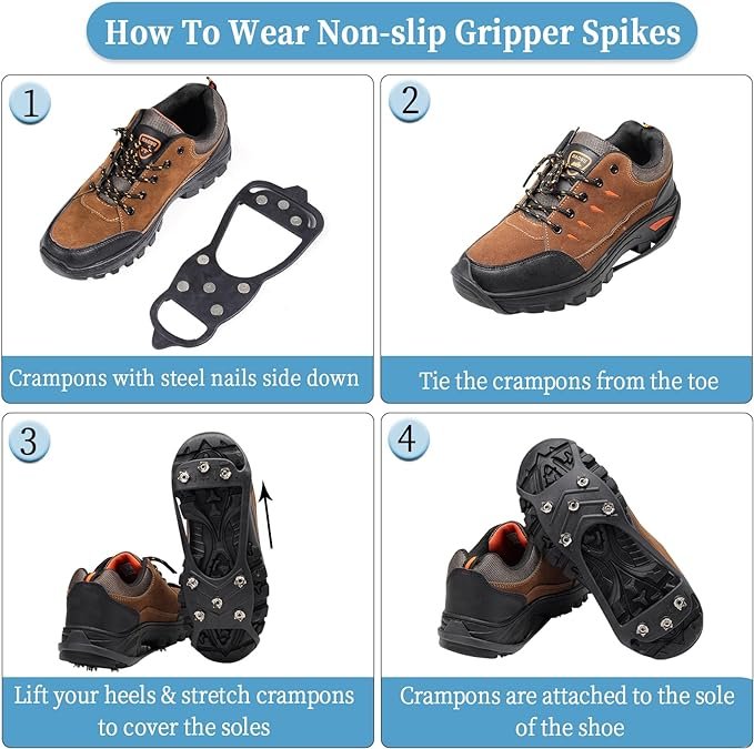 2 LACE INN 2 Pair Universal Non Slip Gripper Spikes for Shoes, Durable Ice Snow Grips Traction Cleats with 8 Steel Studs Crampon for Walking On Snow and Ice