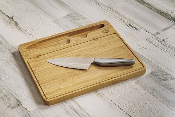 1 Travel Cut & Cook Board | 13 x 12 Bamboo Culinary Board | Inclusive Culinary Blade | Inclusive Portable Silicone Lid | Ideal for Overland Trips, Outdoor Events, Nautical Adventures, or Alfresco Meals