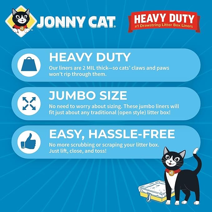 1 Jonny Cat Litter Box Liners: Heavy Duty - Tear & Leak Resistant - Drawstring Close - Jumbo, 15 Count