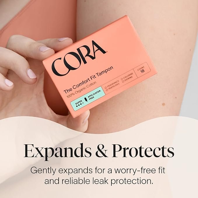 3 Cora 100% Organic Cotton Non-Applicator Tampons | Ultra-Absorbent, Unscented, Natural, Non-Toxic, Applicator Free | Eco-Conscious (54 R/S/S+ Tampons)