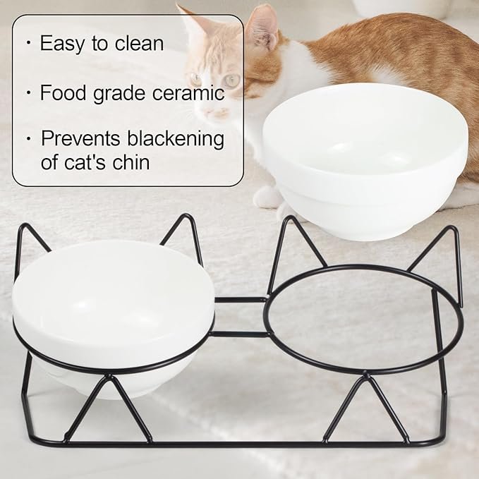 5 Elevated Tilted Cat Bowls for Indoor Cats，Raised Ceramic Cat Bowl Elevated 15°,Pet Feeding Bowls for Food and Water Anti Vomiting Bowl(Double Ceramics Bowls and Tilt Shelf) Suitable for All Cat Sizes