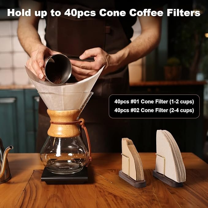 2 Walnut and Brass Coffee Filter Storage Container for V60 Cone Paper Coffee Filters Size 01 and 02