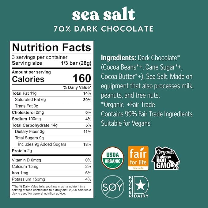 1 Theo Chocolate Sea Salt Organic Dark Chocolate Bar, 70% Cacao, 6 Pack | Vegan, Fair Trade