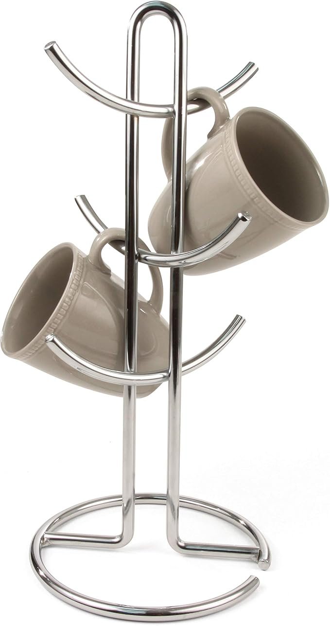 3 Spectrum 6-Holder Mug Tree, Steel Countertop Storage Rack, Chrome Finish