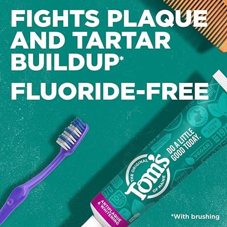 1 Tom's of Maine Fluoride-Free Antiplaque & Whitening Natural Toothpaste, Peppermint, 5.5 oz. 2-Pack (Packaging May Vary)