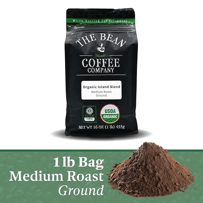 1 The Bean Organic Coffee Company Island Blend, Medium Roast, Ground Coffee, 16-Ounce Bag, Café molido tostado orgánico