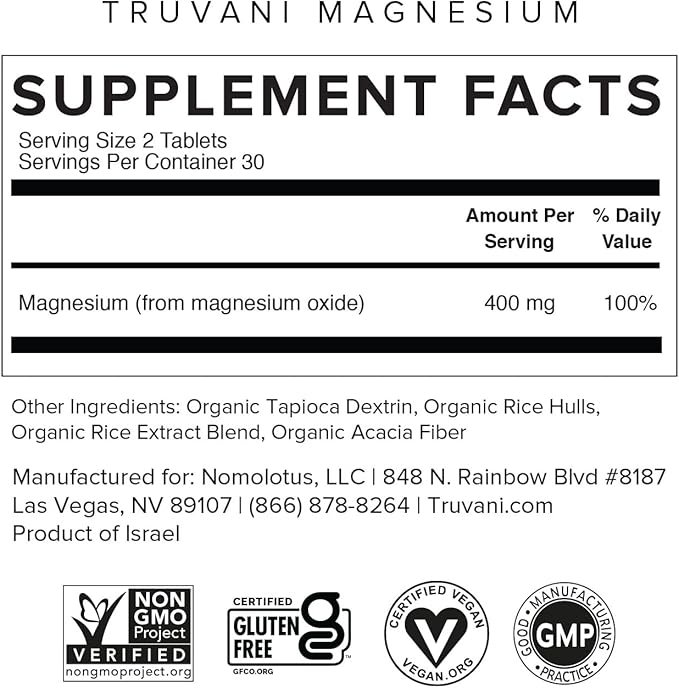 1 Truvani Magnesium 400mg Oxide Tablets | 60 Tablets | Supports Calm and Sleep, Healthy Bones, Muscle Health, Digestive Health | Non-GMO, Vegan Pills