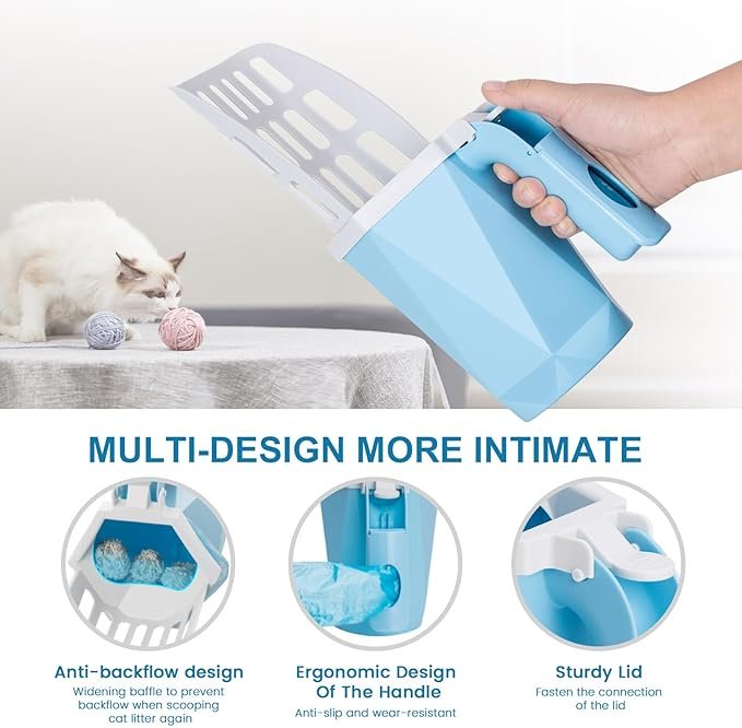 1 Cat Litter Scooper with Holder Kitty Litter Scoop with Bag, Cat Litter Shovel with 150 Refill Bags, Portable Cat Poop Scooper Cat Litter Container Easy to Clean Large Litter Box Scooper Blue
