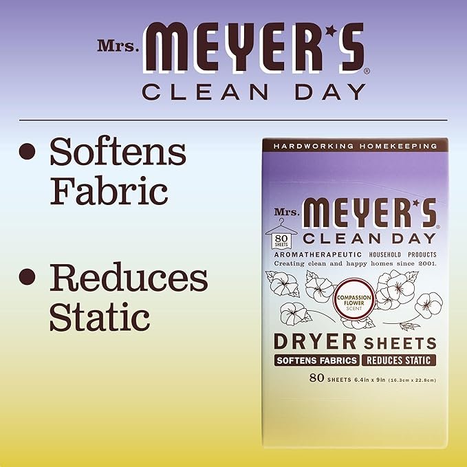3 MRS. MEYER'S CLEAN DAY Dryer Sheets, Fabric Softener, Reduces Static, Infused with Essential Oils, Compassion Flower, 80 Count