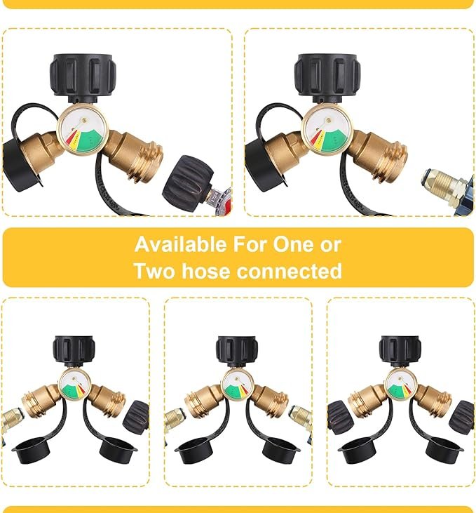 4 FEITON Propane Tank Splitter, 2-Way LP Gas Adapter with Gauge for Outdoor Cooking and Heating Equipment
