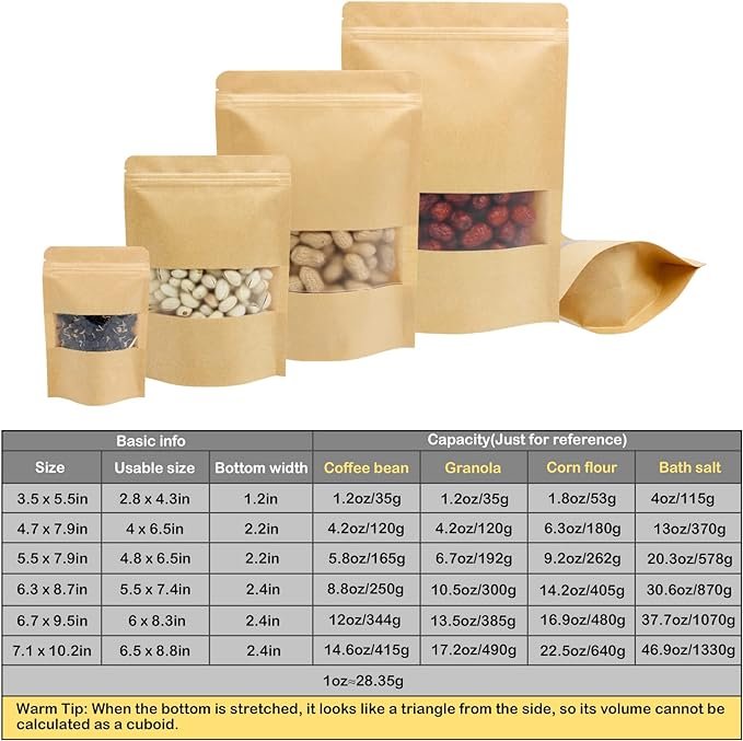 2 50-Pack Kraft Storage Bags - Tear Notch and Matte Window - Size 4.7 X 7.9