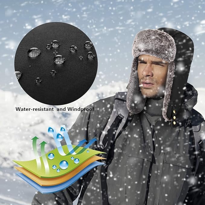 1 Unigear Winter Trapper Hat for Men Women, Windproof Water-Resistant Faux Fur Ushanka Trooper Hat for Hunting Skiing with Detachable Mask Black